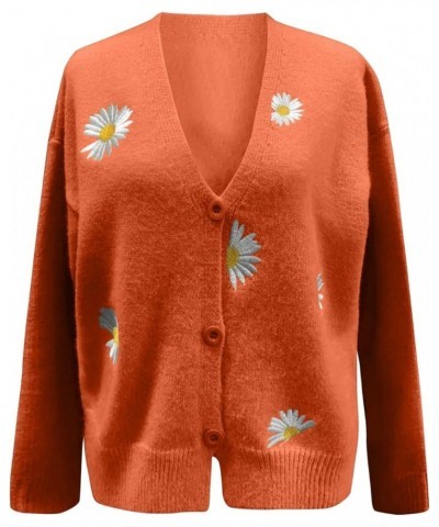 Women Warm Sweater Top Coats Cardigans Daisy Printing Long Sleeve Sweatshirt V-Neck Cropped Elegant Versatile Orange $20.63 A...