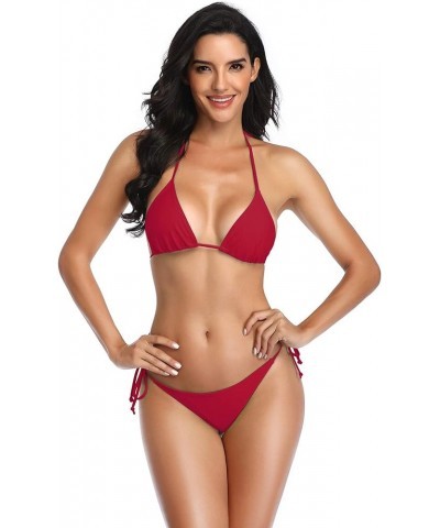 Thong Bikini Two Pieces Bathing Suit for Women Triangle Top Brazilian Bottom S-XL Body Wine Red $10.75 Swimsuits