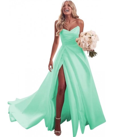 Strapless Satin Prom Dresses with Slit Long Pleats Formal Ball Gowns with Pockets YZTS074 Mint $33.75 Dresses