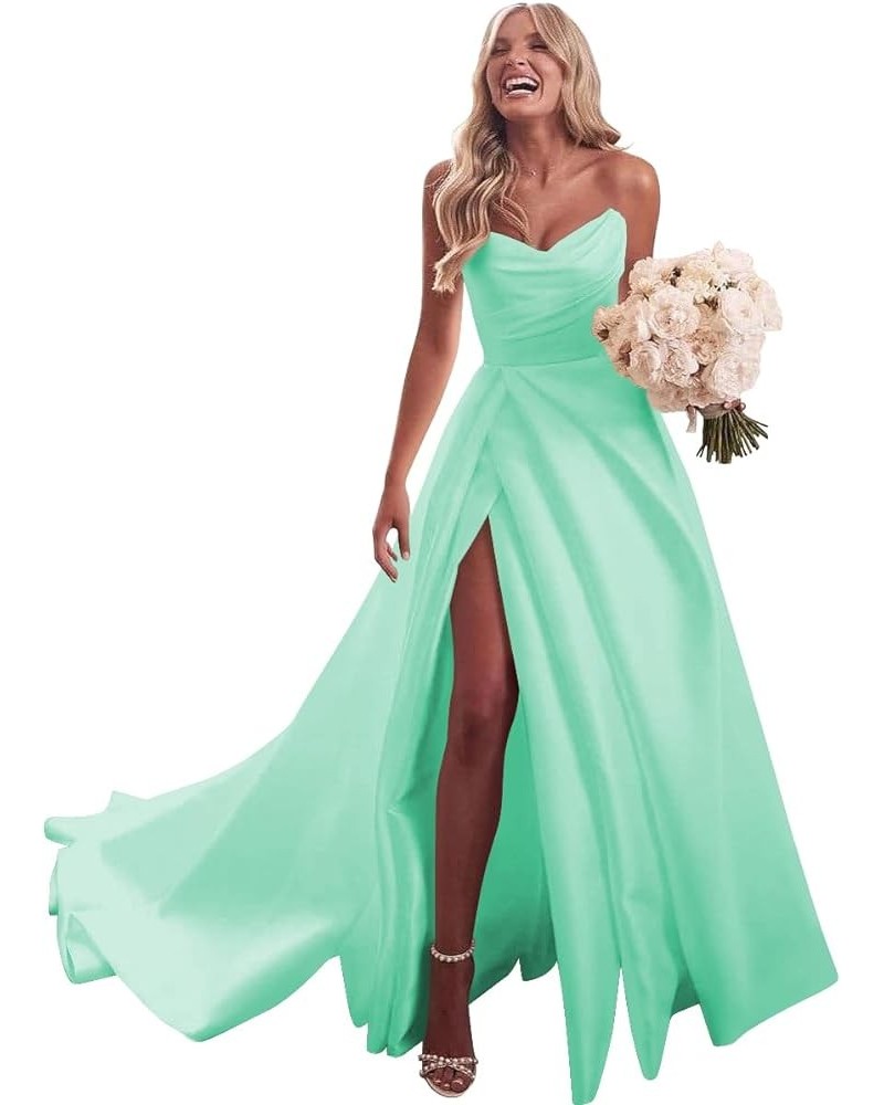 Strapless Satin Prom Dresses with Slit Long Pleats Formal Ball Gowns with Pockets YZTS074 Mint $33.75 Dresses