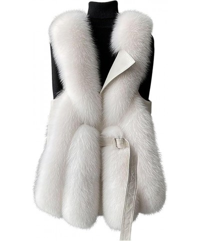 2024 Fashion Luxury Faux Fur Vest for Women Sleeveless Fuzzy Fleece Mid Jacket Winter Warm Outerwear with Belt White $27.05 C...