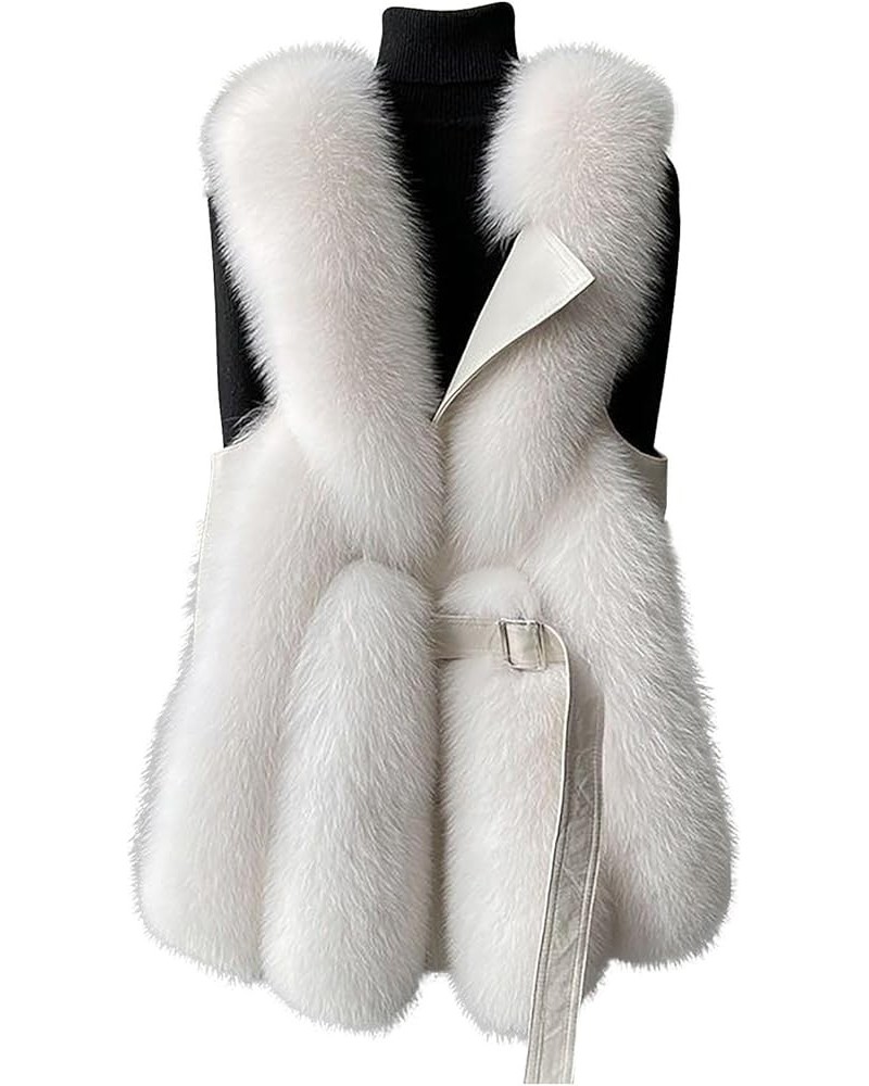 2024 Fashion Luxury Faux Fur Vest for Women Sleeveless Fuzzy Fleece Mid Jacket Winter Warm Outerwear with Belt White $27.05 C...