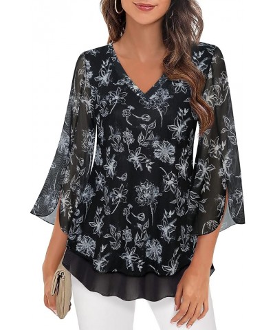 Women's 3/4 Sleeve Floral Blouses Shirts Double Layers V Neck Dressy Tunics Tops Multi-black $20.29 Blouses