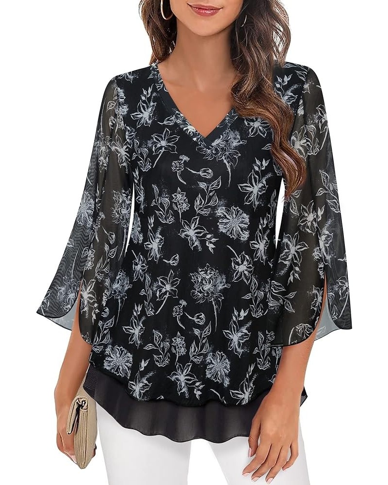 Women's 3/4 Sleeve Floral Blouses Shirts Double Layers V Neck Dressy Tunics Tops Multi-black $20.29 Blouses