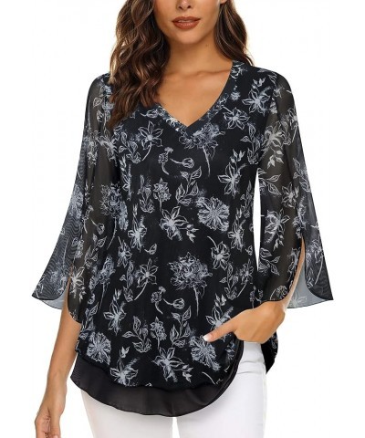 Women's 3/4 Sleeve Floral Blouses Shirts Double Layers V Neck Dressy Tunics Tops Multi-black $20.29 Blouses