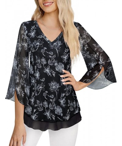 Women's 3/4 Sleeve Floral Blouses Shirts Double Layers V Neck Dressy Tunics Tops Multi-black $20.29 Blouses