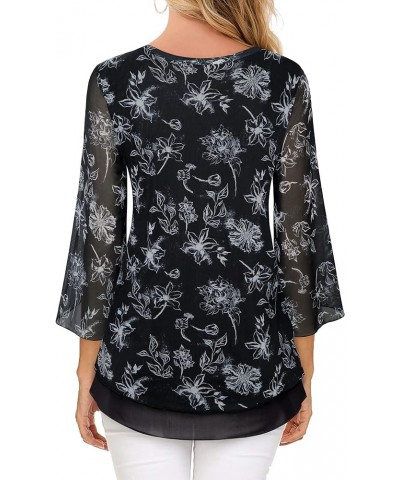 Women's 3/4 Sleeve Floral Blouses Shirts Double Layers V Neck Dressy Tunics Tops Multi-black $20.29 Blouses