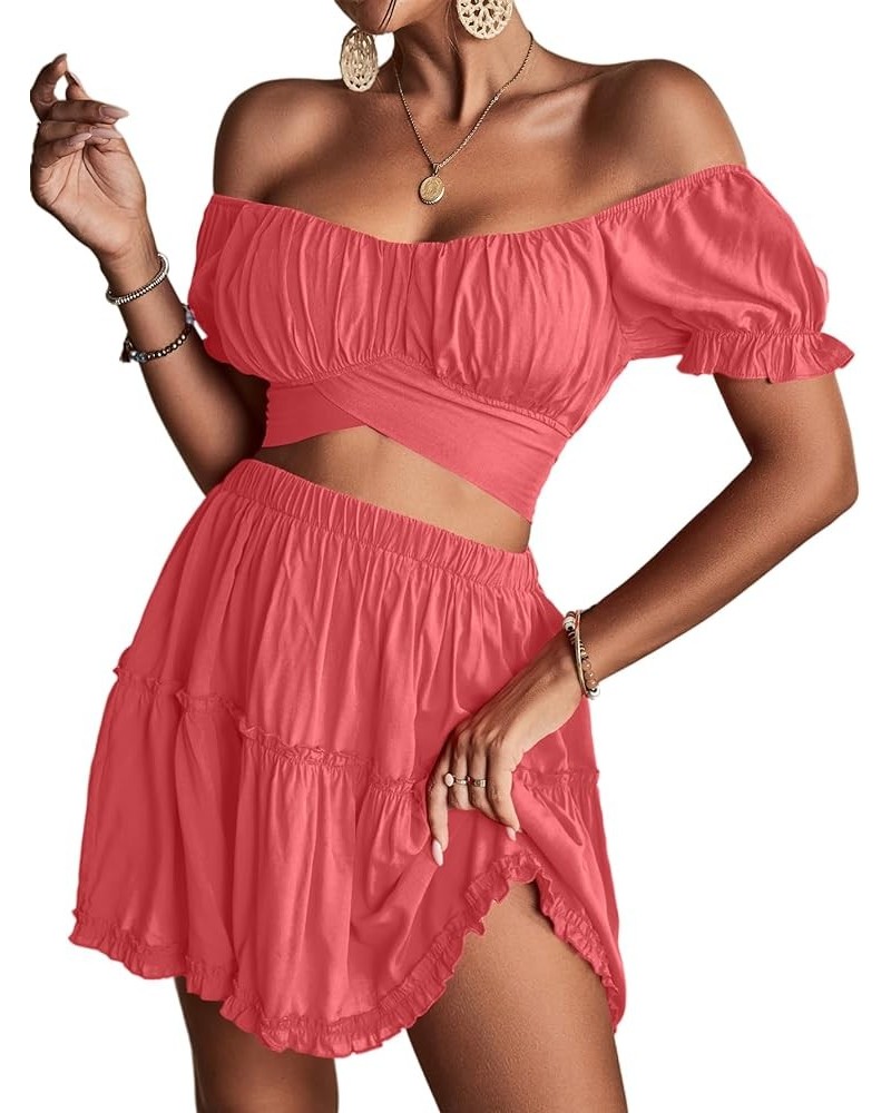 Women's 2 Piece Outfits Floral Off Shoulder Tie Up Crop Top and Mini Skirt Set Coral Pink $16.80 Suits