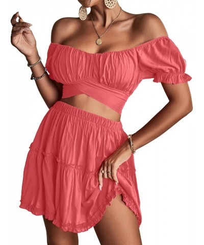 Women's 2 Piece Outfits Floral Off Shoulder Tie Up Crop Top and Mini Skirt Set Coral Pink $16.80 Suits