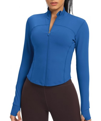 Women's Lightweight Zip Up Workout Jackets Yoga Cropped Running Gym Track Athletic Jacket with Thumb Holes Deep Blue $18.89 J...