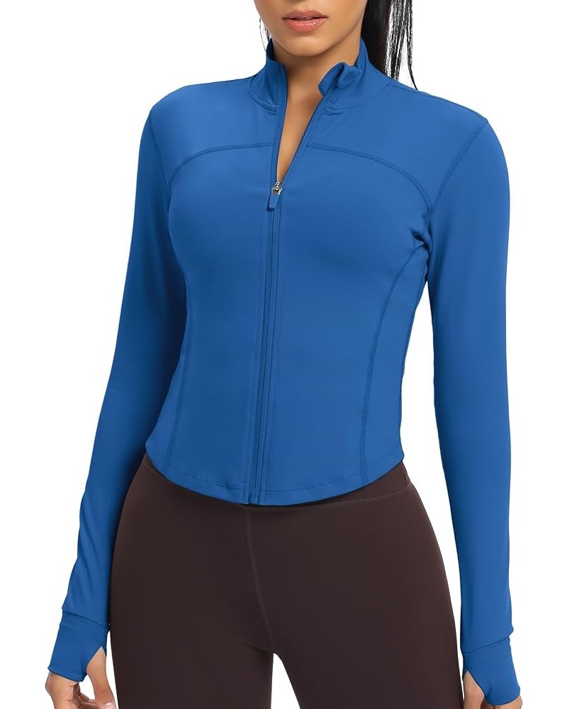 Women's Lightweight Zip Up Workout Jackets Yoga Cropped Running Gym Track Athletic Jacket with Thumb Holes Deep Blue $18.89 J...