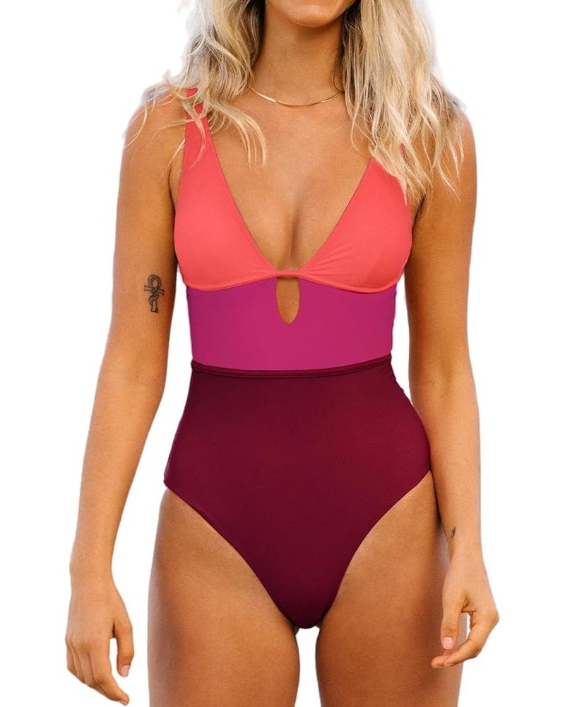 Women's One Piece Swimsuit Color Block Keyhole Cutout Bathing Suit Red Purple $17.51 Swimsuits