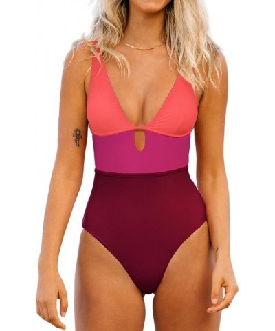 Women's One Piece Swimsuit Color Block Keyhole Cutout Bathing Suit Red Purple $17.51 Swimsuits