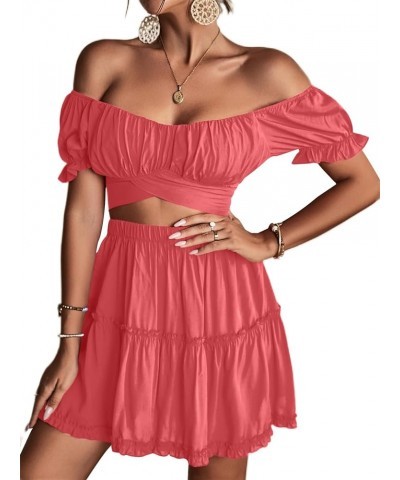 Women's 2 Piece Outfits Floral Off Shoulder Tie Up Crop Top and Mini Skirt Set Coral Pink $16.80 Suits