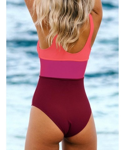 Women's One Piece Swimsuit Color Block Keyhole Cutout Bathing Suit Red Purple $17.51 Swimsuits