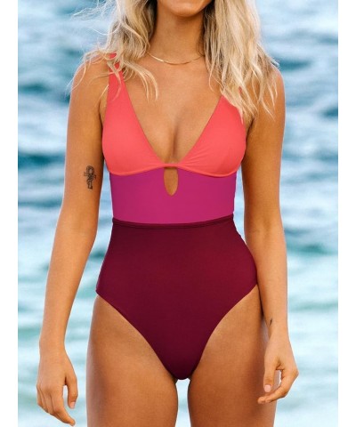 Women's One Piece Swimsuit Color Block Keyhole Cutout Bathing Suit Red Purple $17.51 Swimsuits