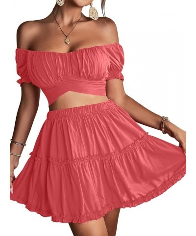 Women's 2 Piece Outfits Floral Off Shoulder Tie Up Crop Top and Mini Skirt Set Coral Pink $16.80 Suits