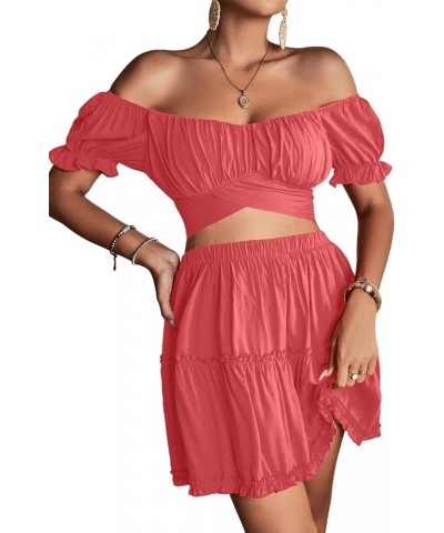 Women's 2 Piece Outfits Floral Off Shoulder Tie Up Crop Top and Mini Skirt Set Coral Pink $16.80 Suits