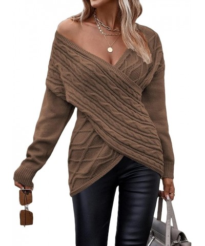 Womens Casual V Neck Long Sleeve Sweaters Cross Wrap Front Cable Knit Pullover Sweater Jumper Tops Brown $21.95 Sweaters