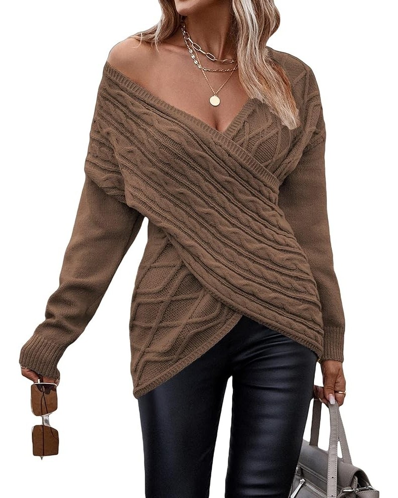 Womens Casual V Neck Long Sleeve Sweaters Cross Wrap Front Cable Knit Pullover Sweater Jumper Tops Brown $21.95 Sweaters