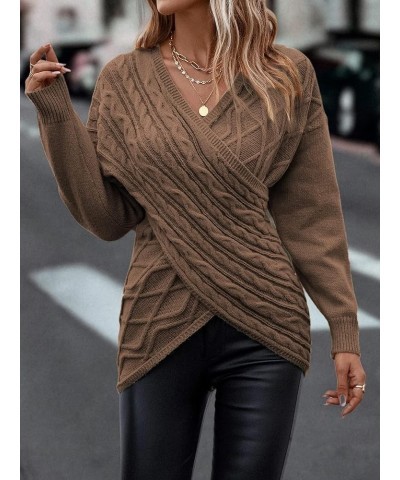 Womens Casual V Neck Long Sleeve Sweaters Cross Wrap Front Cable Knit Pullover Sweater Jumper Tops Brown $21.95 Sweaters