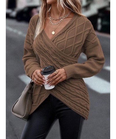 Womens Casual V Neck Long Sleeve Sweaters Cross Wrap Front Cable Knit Pullover Sweater Jumper Tops Brown $21.95 Sweaters