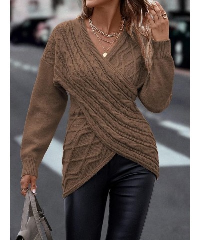 Womens Casual V Neck Long Sleeve Sweaters Cross Wrap Front Cable Knit Pullover Sweater Jumper Tops Brown $21.95 Sweaters