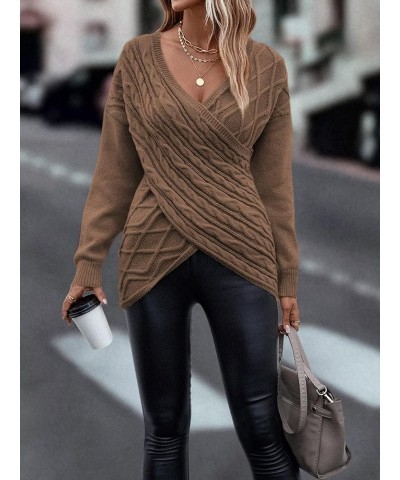 Womens Casual V Neck Long Sleeve Sweaters Cross Wrap Front Cable Knit Pullover Sweater Jumper Tops Brown $21.95 Sweaters