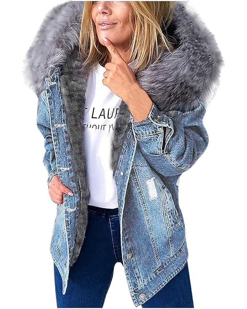 Women's Fleece Lined Denim Jacket Casual Faux Fur Collar Sherpa Jeans Coat Ladies Ripped Distressed Hooded Jacket Light Blue ...