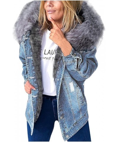 Women's Fleece Lined Denim Jacket Casual Faux Fur Collar Sherpa Jeans Coat Ladies Ripped Distressed Hooded Jacket Light Blue ...