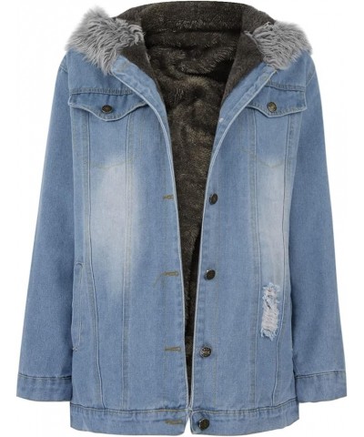 Women's Fleece Lined Denim Jacket Casual Faux Fur Collar Sherpa Jeans Coat Ladies Ripped Distressed Hooded Jacket Light Blue ...