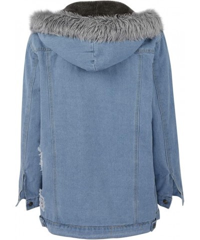 Women's Fleece Lined Denim Jacket Casual Faux Fur Collar Sherpa Jeans Coat Ladies Ripped Distressed Hooded Jacket Light Blue ...