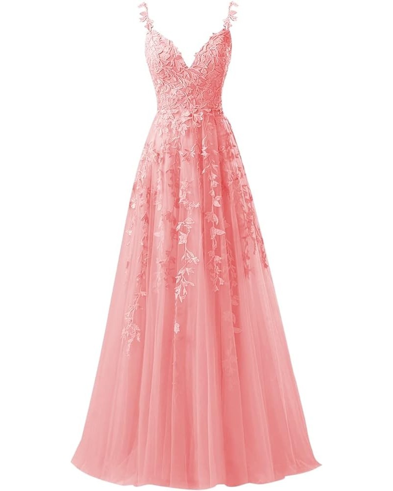 Chic Tulle Appliques Prom Dresses Long Ball Gown V Neck Lace Formal Dress for Women Wedding Gowns Coral $43.24 Dresses