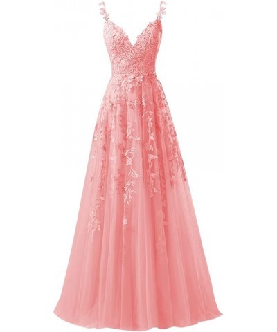 Chic Tulle Appliques Prom Dresses Long Ball Gown V Neck Lace Formal Dress for Women Wedding Gowns Coral $43.24 Dresses