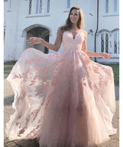 Chic Tulle Appliques Prom Dresses Long Ball Gown V Neck Lace Formal Dress for Women Wedding Gowns Coral $43.24 Dresses