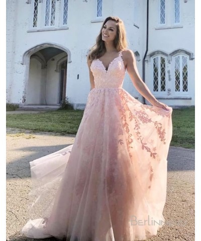 Chic Tulle Appliques Prom Dresses Long Ball Gown V Neck Lace Formal Dress for Women Wedding Gowns Coral $43.24 Dresses