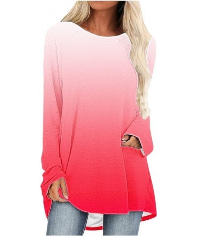 Women Casual Long Sleeve Shirts 2024 Spring Fashion Dressy Long Sleeve Tunic Tops Loose Crewneck Gradient/Solid Blouse D-red ...