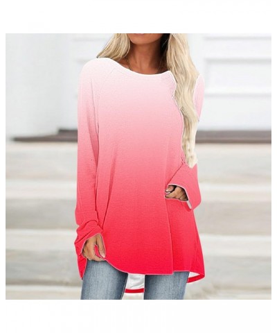 Women Casual Long Sleeve Shirts 2024 Spring Fashion Dressy Long Sleeve Tunic Tops Loose Crewneck Gradient/Solid Blouse D-red ...