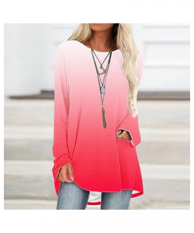 Women Casual Long Sleeve Shirts 2024 Spring Fashion Dressy Long Sleeve Tunic Tops Loose Crewneck Gradient/Solid Blouse D-red ...