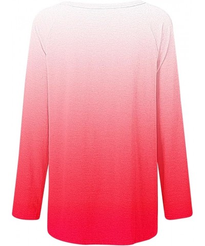 Women Casual Long Sleeve Shirts 2024 Spring Fashion Dressy Long Sleeve Tunic Tops Loose Crewneck Gradient/Solid Blouse D-red ...