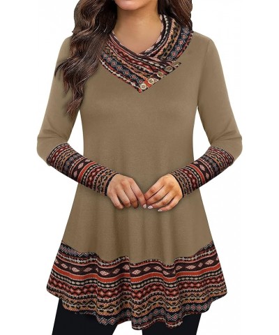 Cowl Neck Tunics Long Sleeve Patchwork Form Fitting Casual A-Line Top Blouse Brown $15.58 Tops