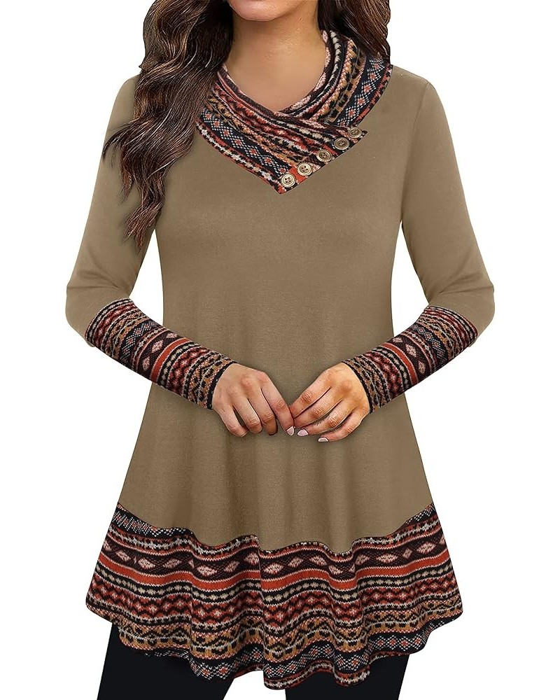 Cowl Neck Tunics Long Sleeve Patchwork Form Fitting Casual A-Line Top Blouse Brown $15.58 Tops