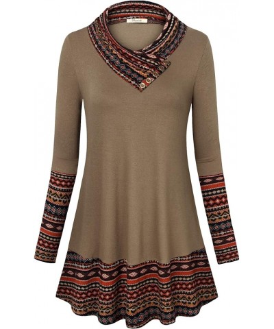 Cowl Neck Tunics Long Sleeve Patchwork Form Fitting Casual A-Line Top Blouse Brown $15.58 Tops