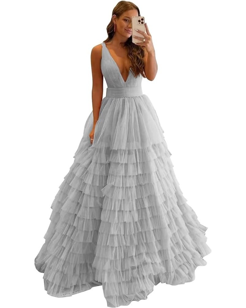 Tulle Prom Dresses for Women Long Puffy Ball Gown V Neck Ruffle Tiered Formal Evening Dresses Silver $34.00 Dresses