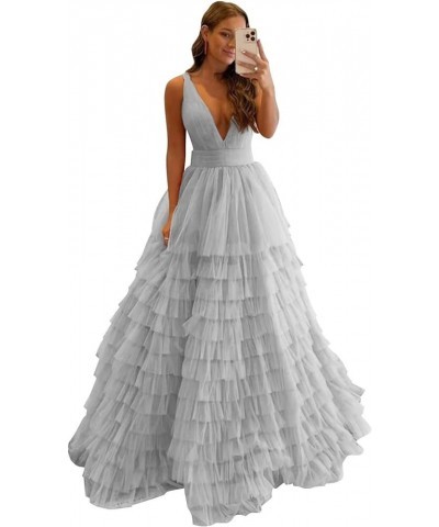 Tulle Prom Dresses for Women Long Puffy Ball Gown V Neck Ruffle Tiered Formal Evening Dresses Silver $34.00 Dresses