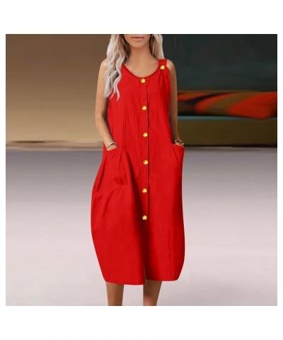 Womens Linen Loose V Neck Button Down Tank Dress Summer Sleeveless Flowy Beach Solid Linen Maxi Dress with Pockets Red-linen1...