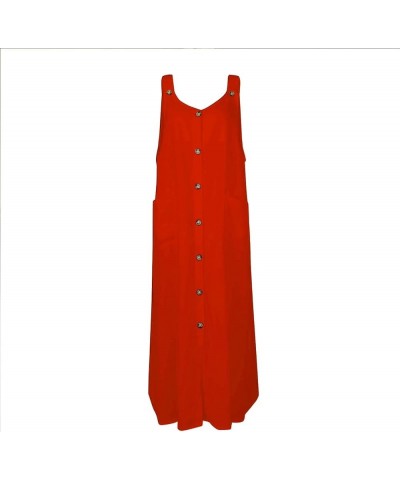 Womens Linen Loose V Neck Button Down Tank Dress Summer Sleeveless Flowy Beach Solid Linen Maxi Dress with Pockets Red-linen1...