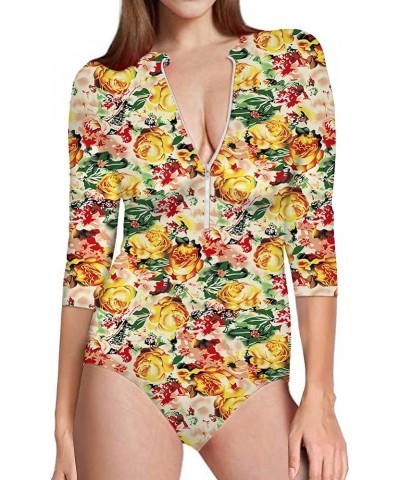 Womens One Piece Swimsuit Zip Front Printed 3/4 Short Sleeve Rash Guard UPF 50++ Sun Protection Swimwear Flower Print $16.81 ...