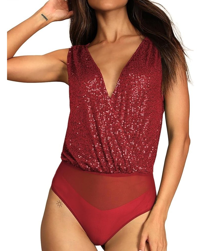 Womens Sequin Tops Bodysuit Sleeveless Sparkly Top V-Neck Backless Glitter Bodysuit Sexy Tank Top Evening Party Red $22.05 Bo...