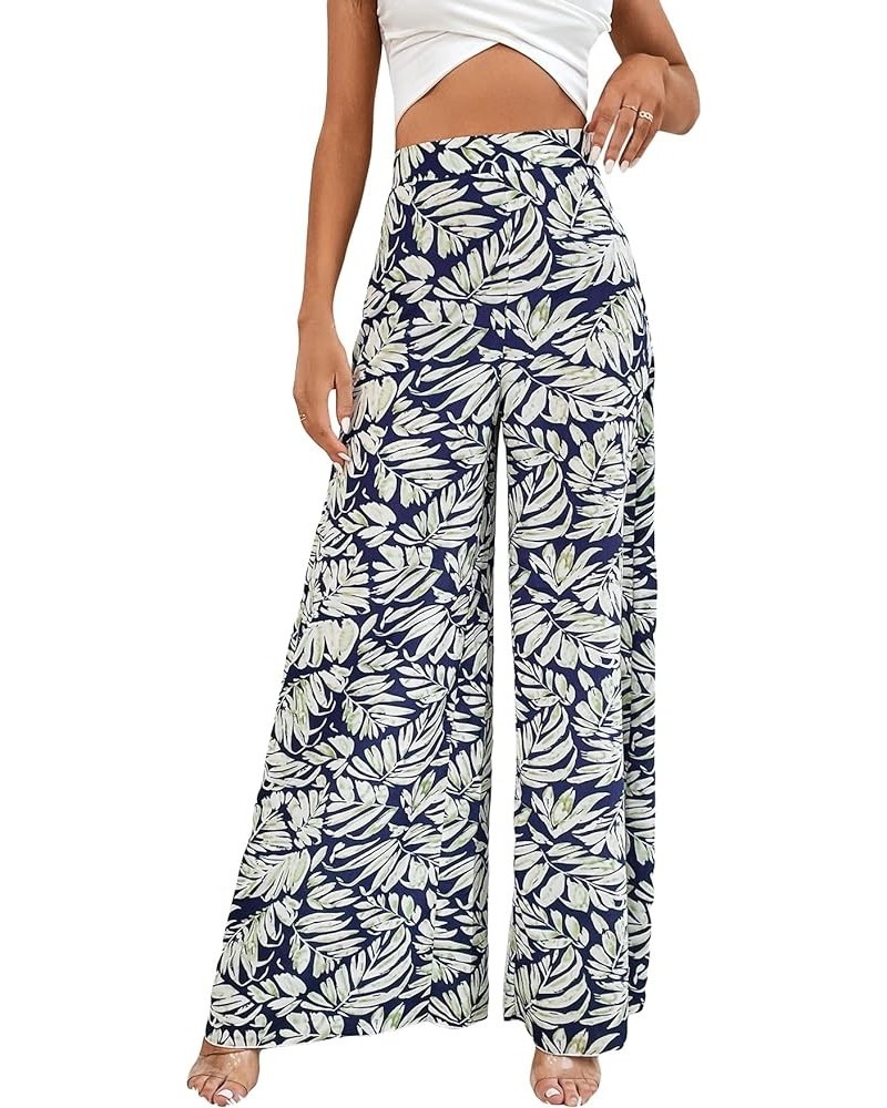 Women's Tropical Print High Elastic Waisted Wide Leg Loose Pants Trousers Dark Blue and White $9.00 Pants